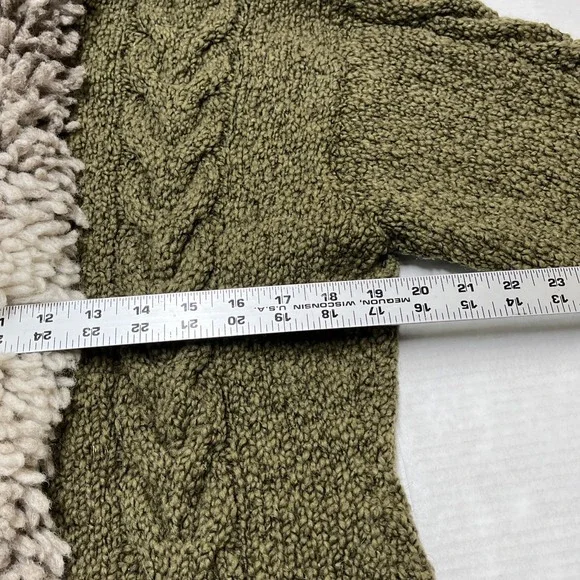 Mitmak Jacket Womens L Green Wool Cable‎ Knit Faux Fur Trim Hooded Indie Boho